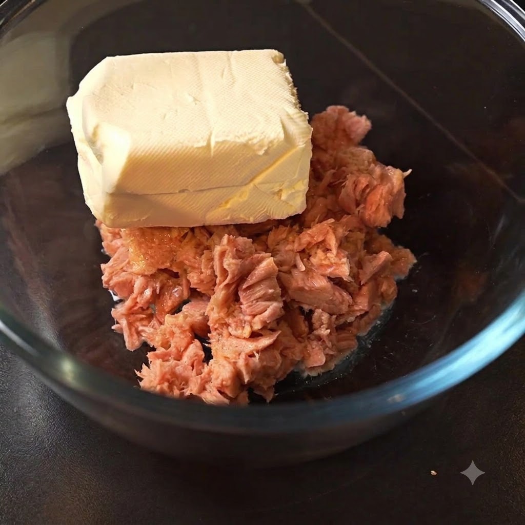 Un panetto di formaggio spalmabile sopra il tonno sbriciolato allinterno di una ciotola di vetro trasparente.