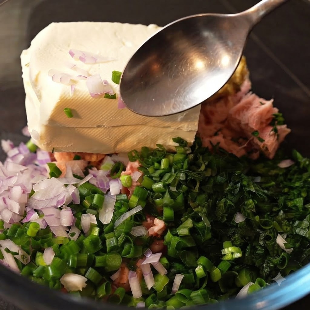 Un cucchiaio di senape di Digione aggiunto in una ciotola di vetro piena di erbe tritate, cipolle, tonno e un panetto di formaggio spalmabile.