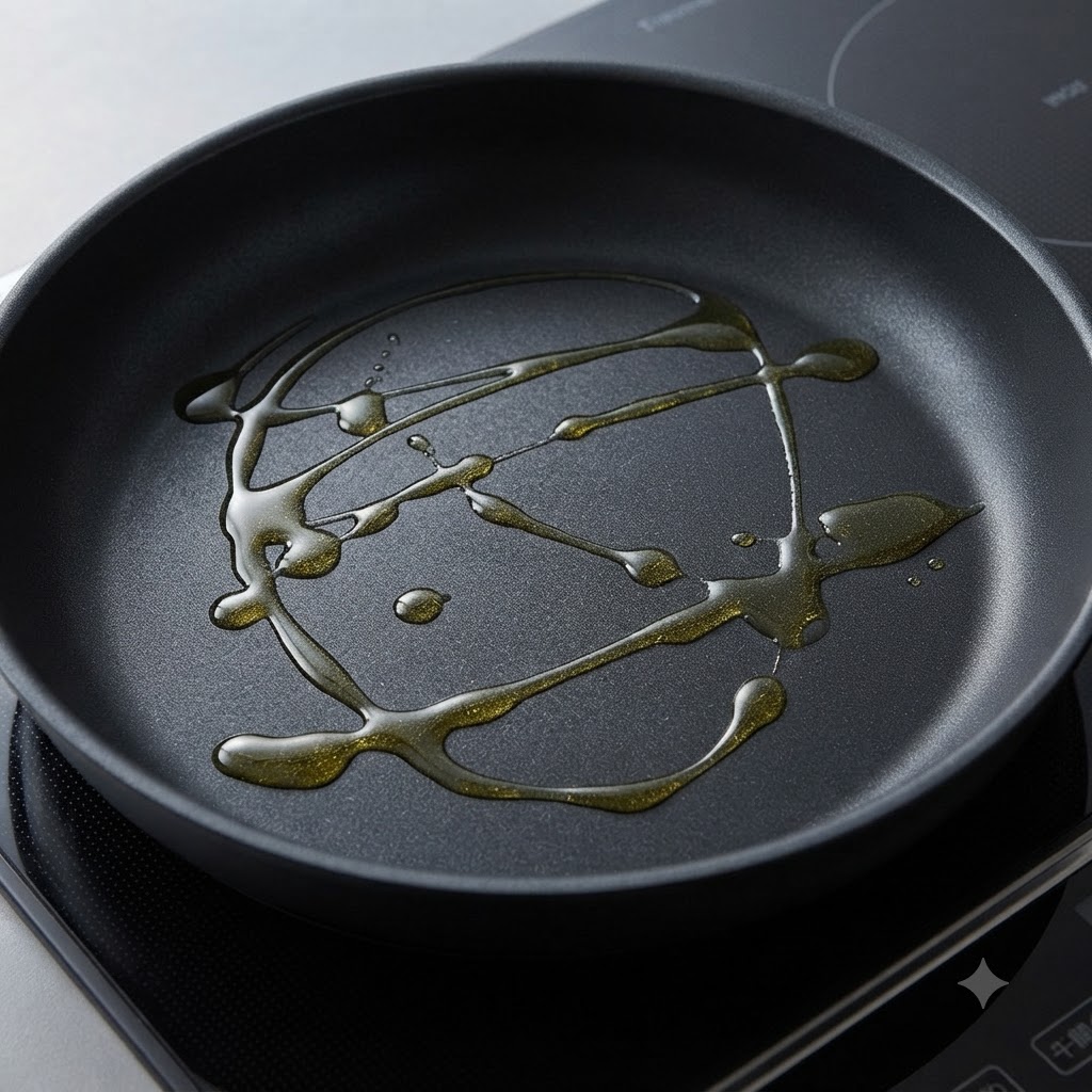 Olio doliva versato e raccolto allinterno di una padella antiaderente calda pronta per tostare il pane.