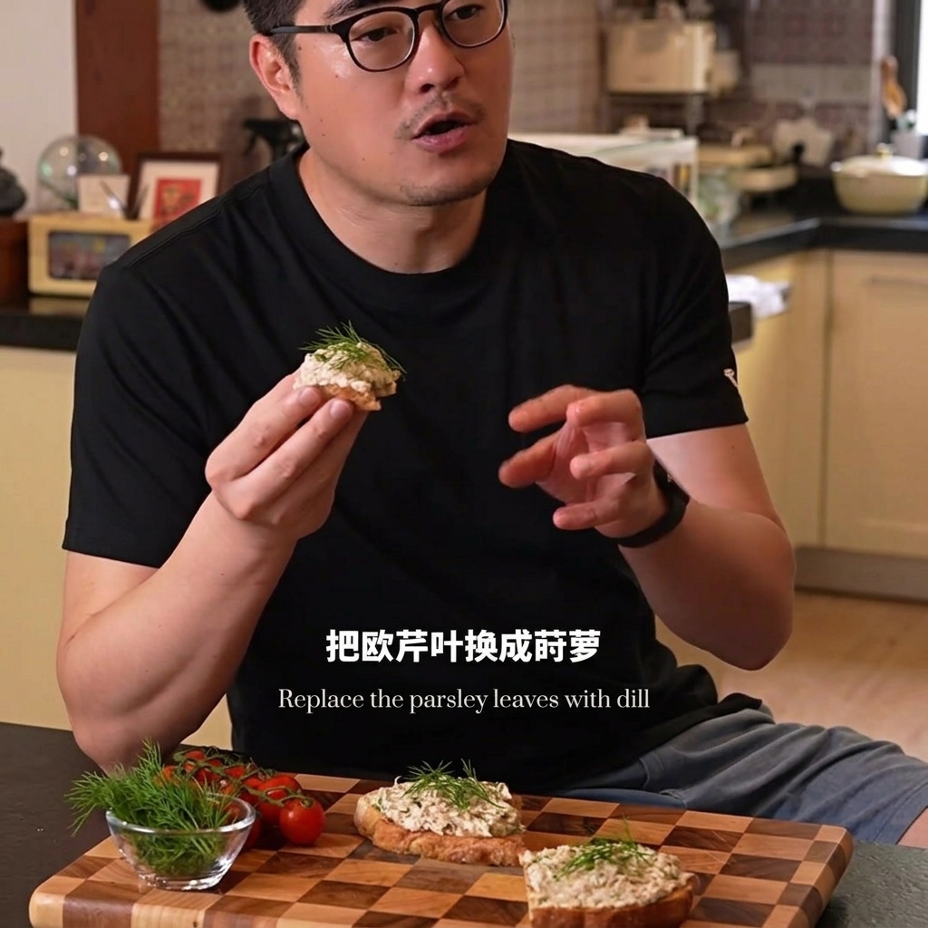 Una persona che tiene in mano un panino aperto di tonno e formaggio finito, con altri panini e una ciotola di erbe fresche e pomodorini su un tagliere di legno.