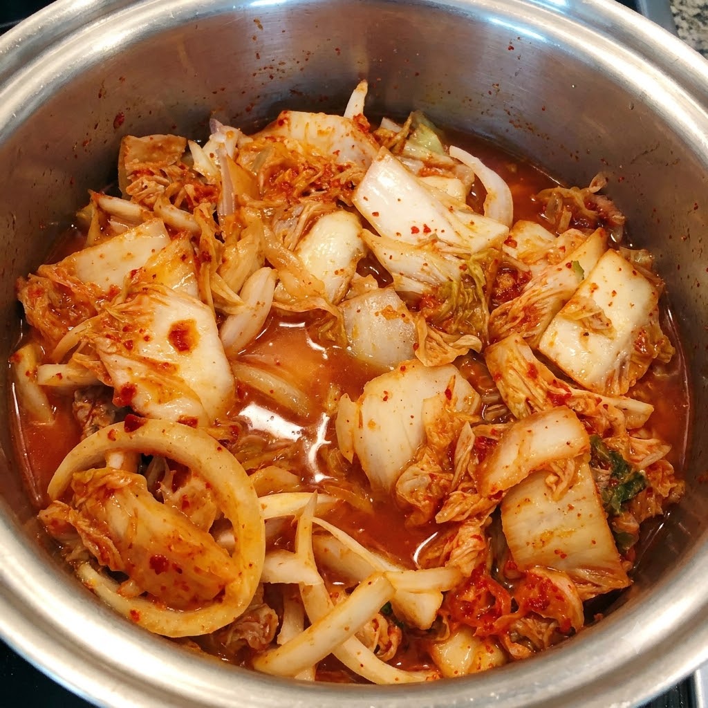 Acqua limpida versata sul composto di kimchi e tonno soffritto nella pentola.