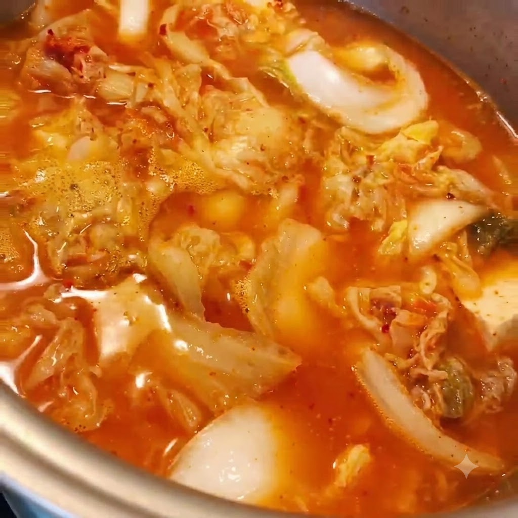 Una pentola di metallo riempita di stufato di kimchi in ebollizione con il coperchio sopra.