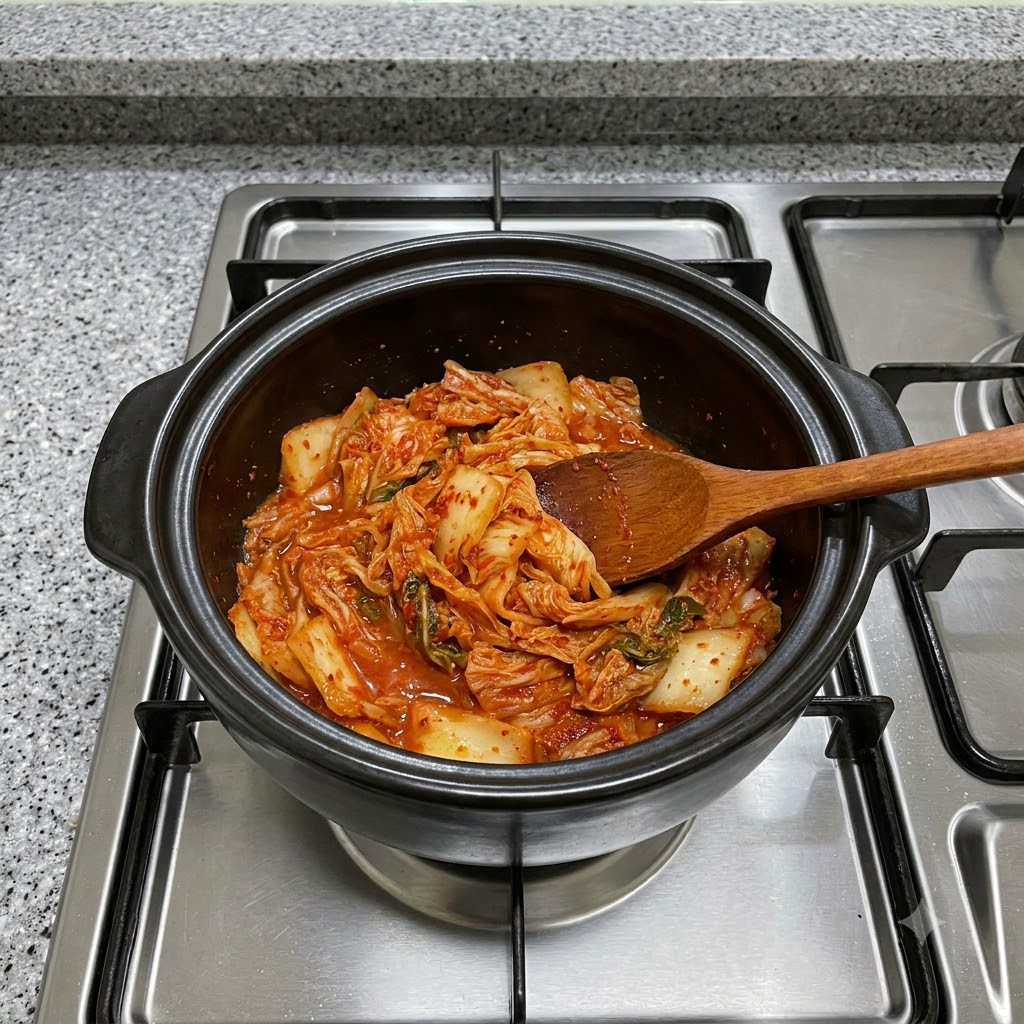 Kimchi rosso mescolato allinterno di una pentola di terracotta nera con un cucchiaio di legno sul fuoco.