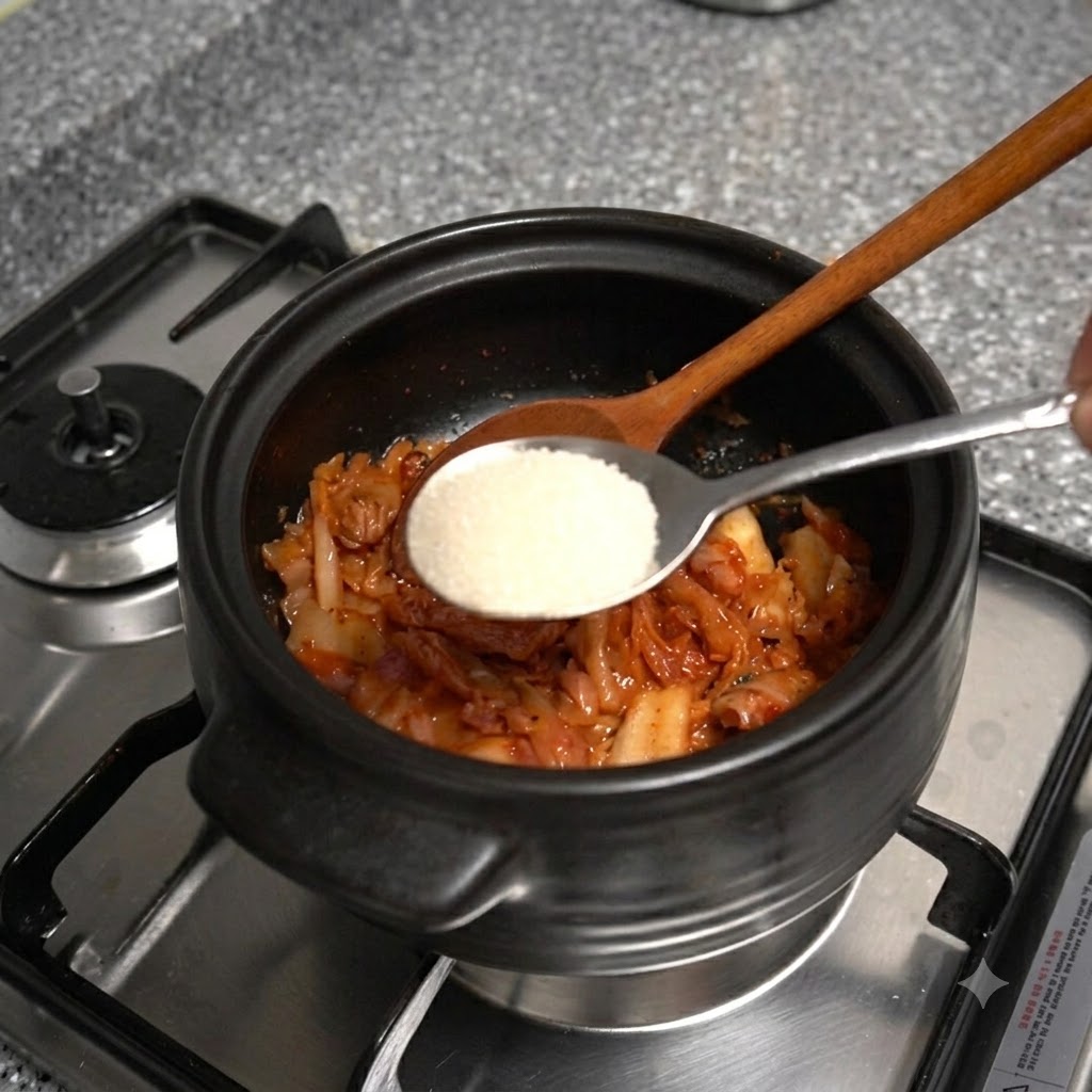 Un cucchiaio di metallo che tiene lo zucchero bianco sopra il kimchi in cottura nella pentola di terracotta.