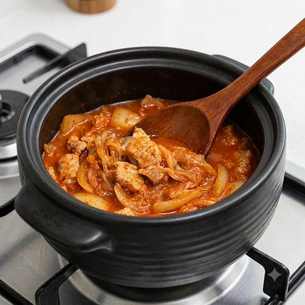 Pezzi di cipolla tritata mescolati nel kimchi in cottura allinterno della pentola di terracotta scura.