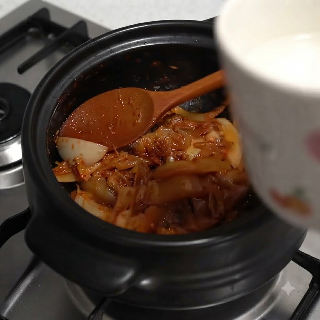 Una tazza bianca che versa acqua nella pentola riempita con kimchi e cipolle cotti.
