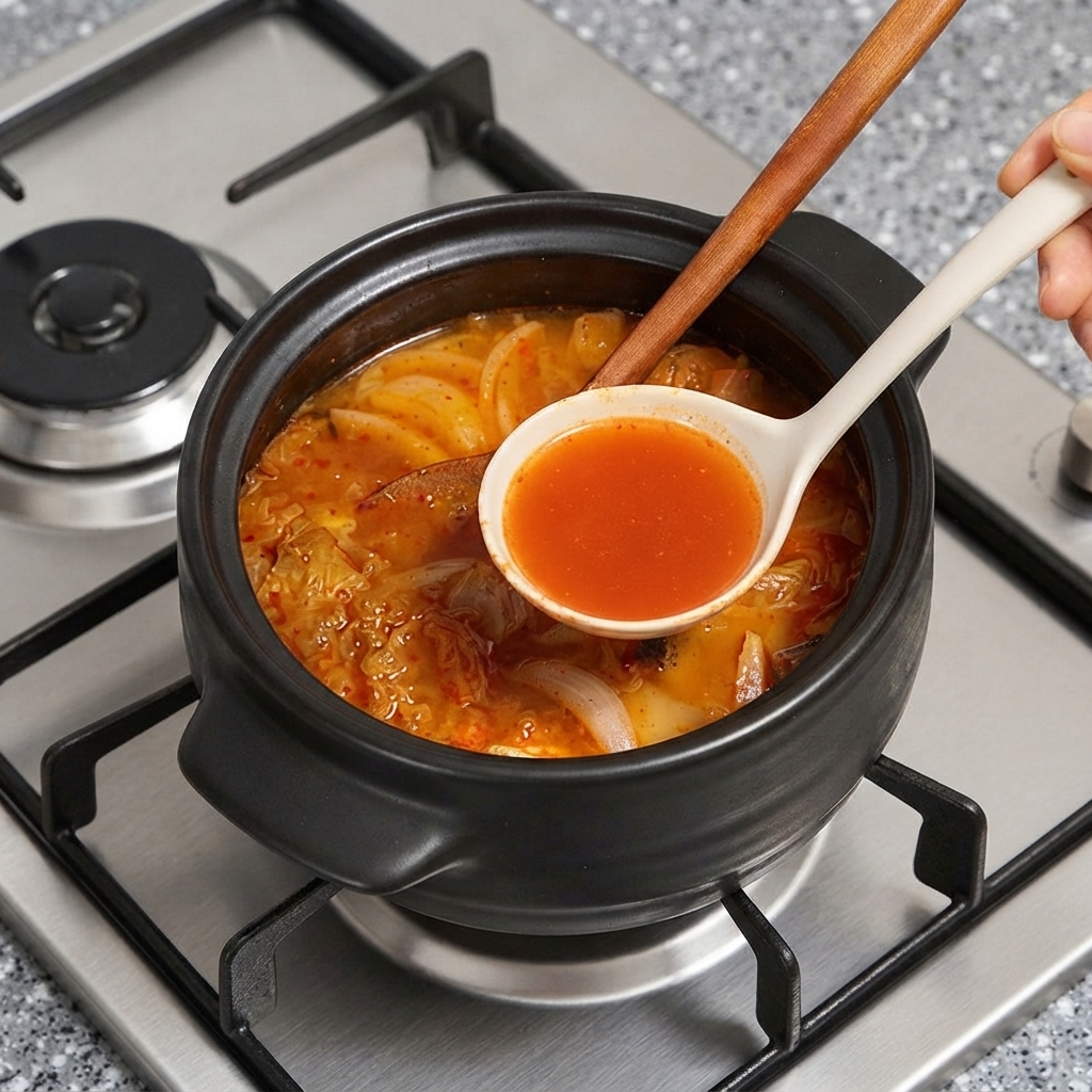 Un cucchiaio bianco che raccoglie il succo rosso della zuppa di kimchi sopra la pentola di cottura scura.