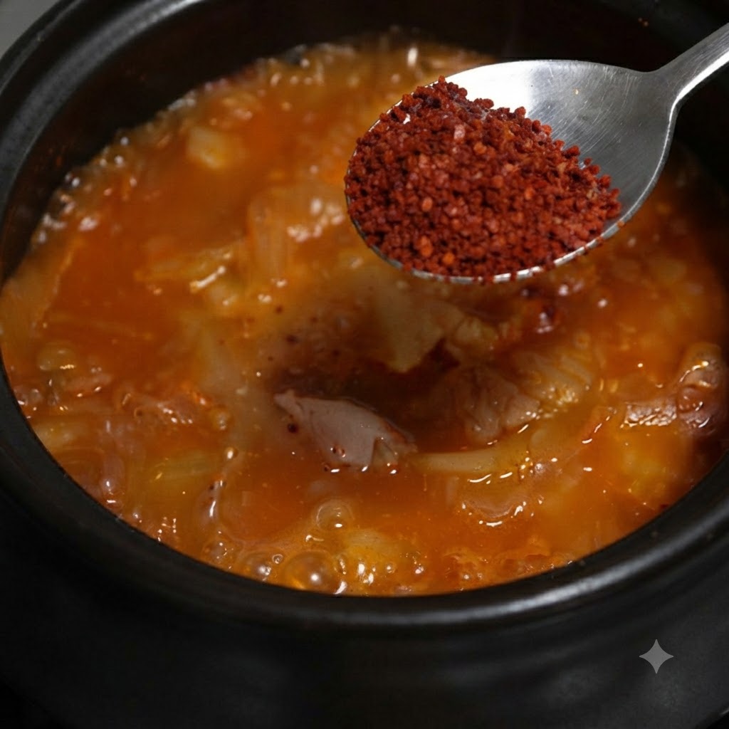Un cucchiaio con peperoncino in polvere rosso posizionato sopra la zuppa arancione bollente.