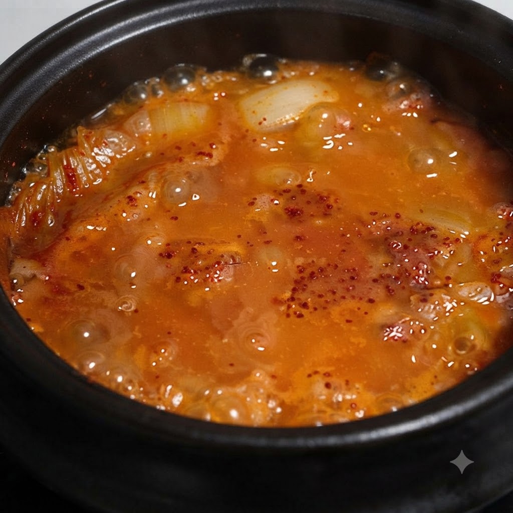 Pezzi di tonno in scatola adagiati sopra la zuppa di kimchi in ebollizione.