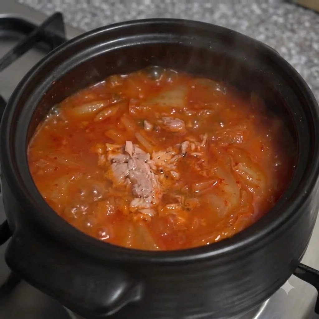 Cipollotti affettati sparsi sulla superficie della zuppa calda di kimchi e tonno in una pentola di terracotta.