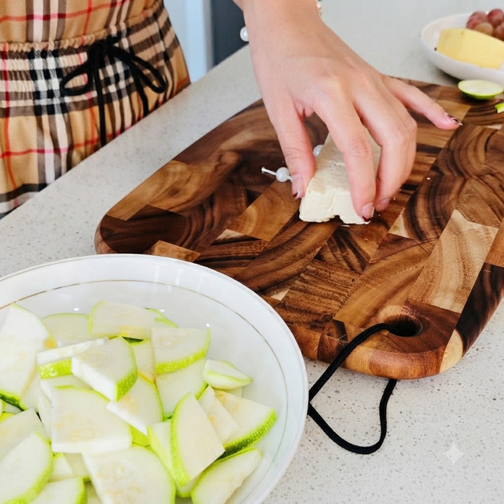 Un blocco di tofu bianco tagliato in cubetti ordinati su un tagliere di legno accanto a una ciotola di zucchine affettate.