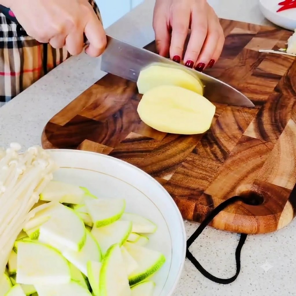 Patate fresche pelate tagliate in piccoli pezzi su un tagliere di legno.