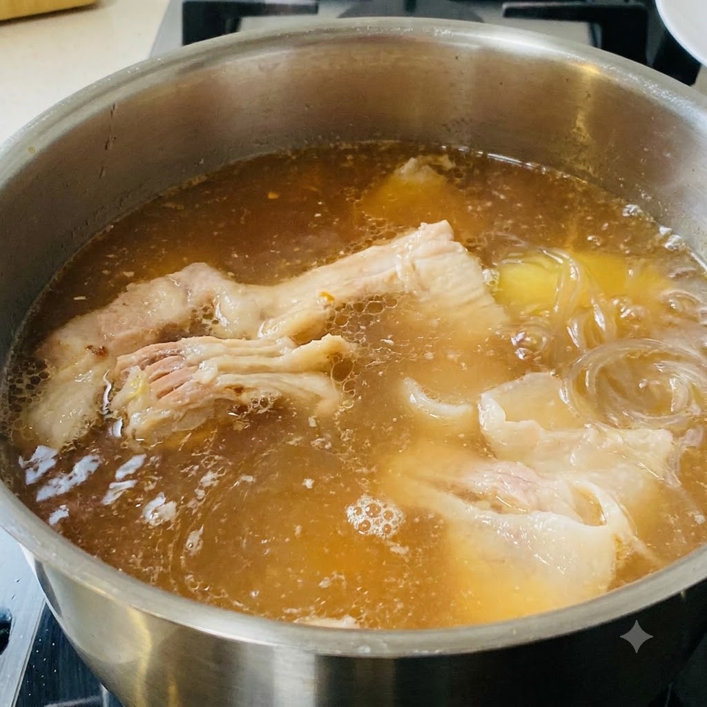 La miscela di pasta di soia versata in una pentola bollente di brodo e pezzi di pancetta di maiale.
