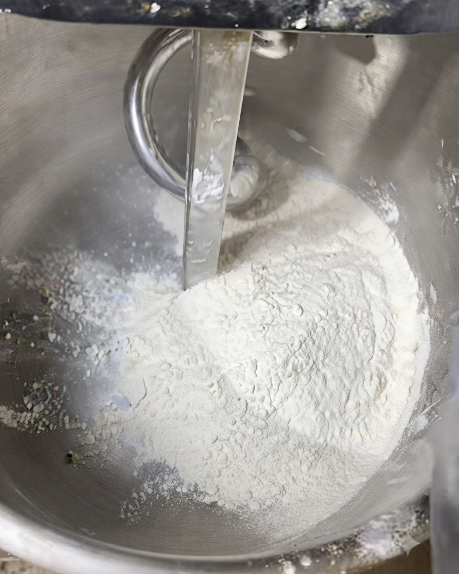 Ingredienti secchi e liquidi combinati nella ciotola di una planetaria.