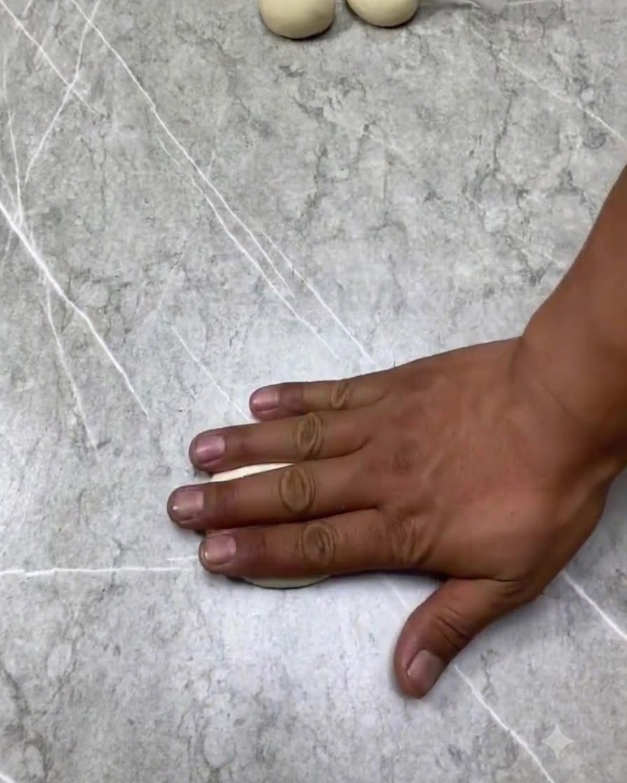 Una mano che appiattisce una pallina di impasto sul piano di lavoro.