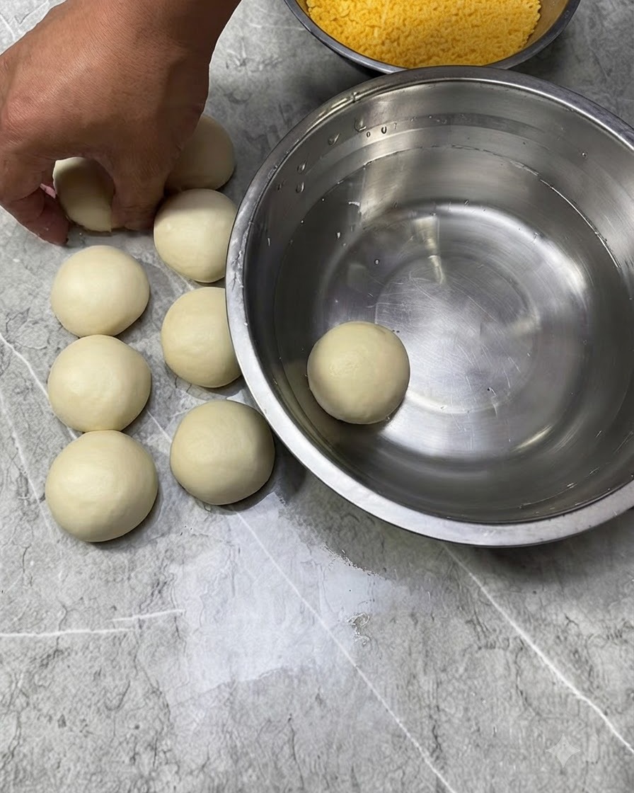Palline di impasto accanto a una ciotola di acqua e pangrattato durante il processo di rivestimento.