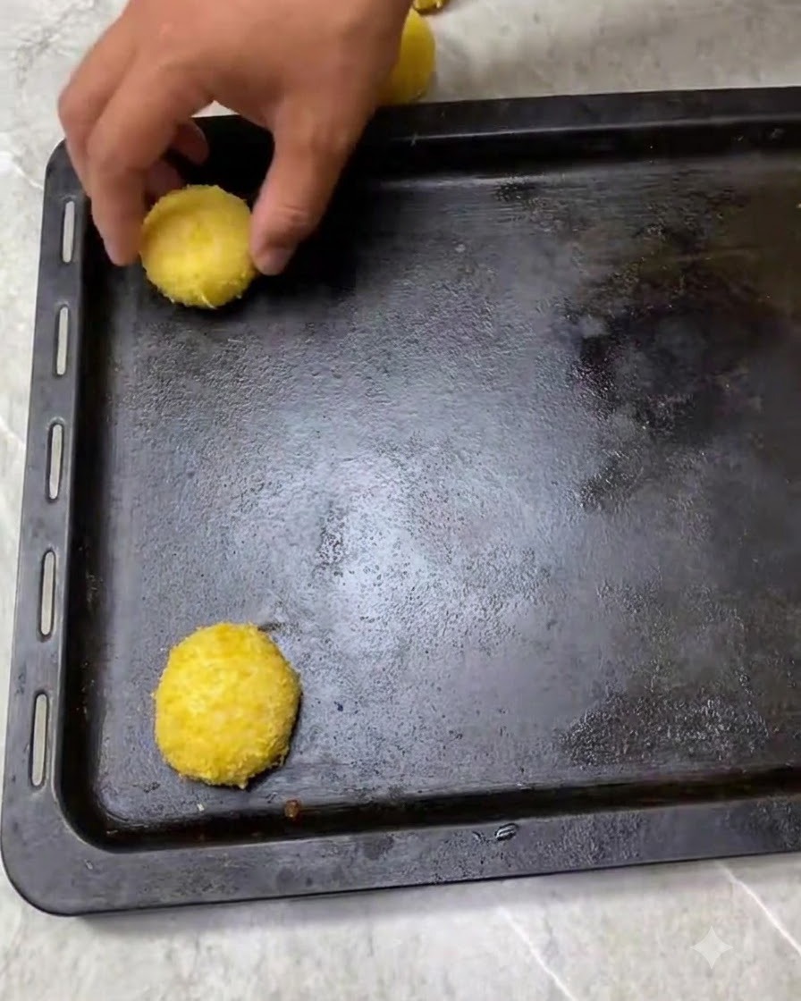 Palline di impasto ricoperte di pangrattato distanziate ordinatamente su una teglia scura, pronte per la lievitazione.