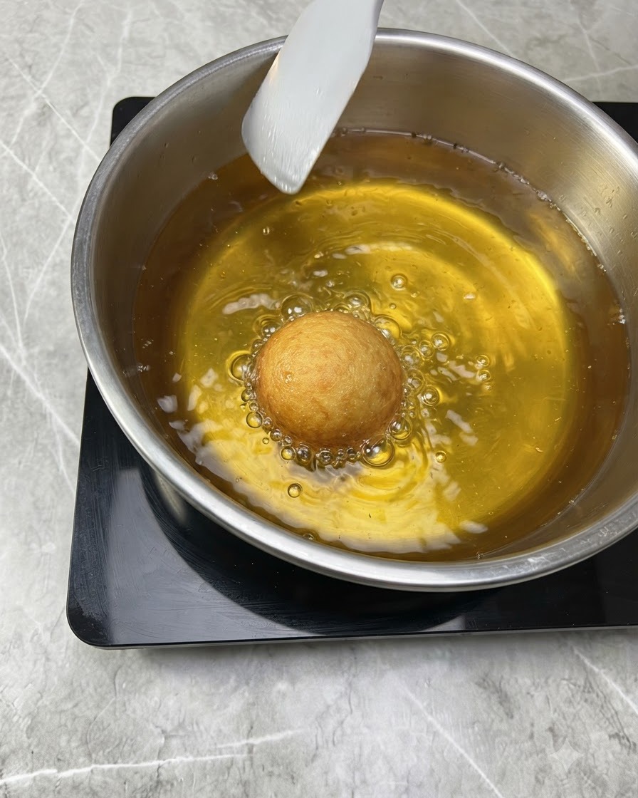 Una singola pallina di impasto chefrigge in olio caldo e dorato e bollente allinterno di una pentola in acciaio inossidabile.