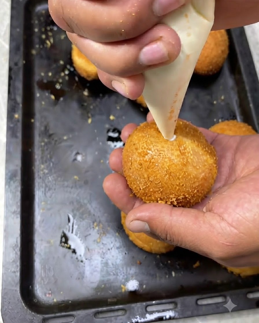 Una sac à poche che inietta un ripieno cremoso bianco nel foro centrale di un burger fritto dorato tenuto in mano.