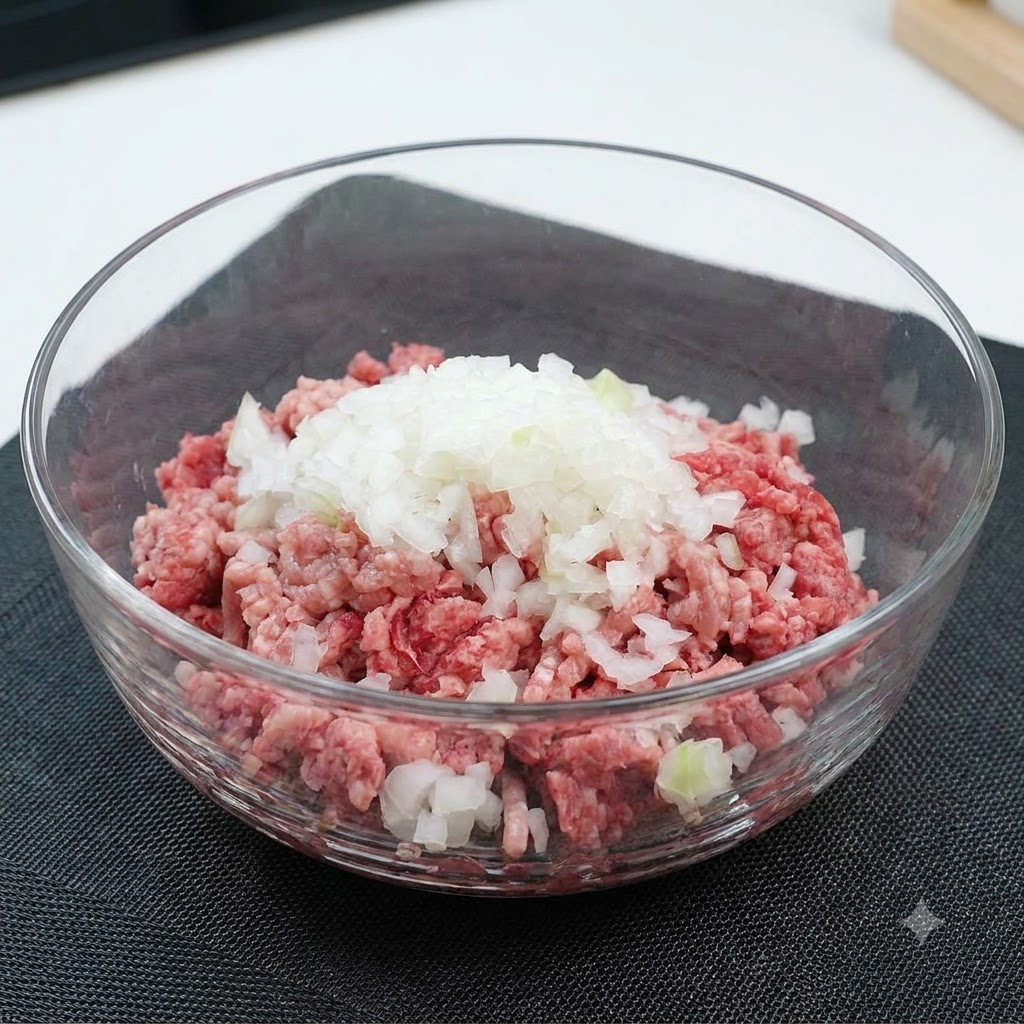 Aglio in polvere, sale, pepe e salsa Worcestershire scura posati sopra la carne macinata cruda e il trito di cipolla in una ciotola di vetro.