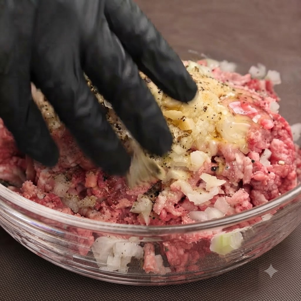 Una mano con un guanto nero che impasta e mescola carne macinata cruda, maiale e condimenti allinterno di una ciotola di vetro.