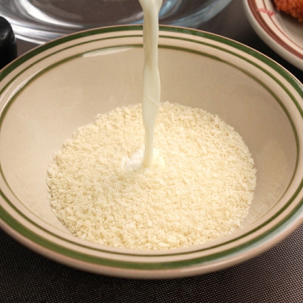 Latte bianco versato dallalto in una ciotola piena di pangrattato asciutto.