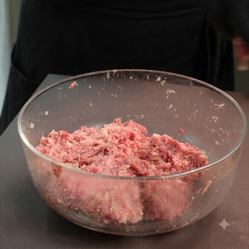 Una porzione di ripieno di carne macinata misurata su una bilancia e arrotolata.