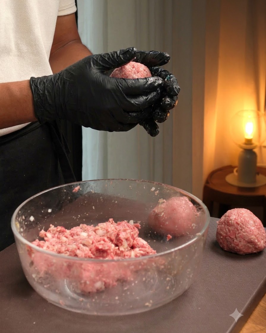Una palla di carne modellata e pressata saldamente in un hamburger tondo usando uno stampo.
