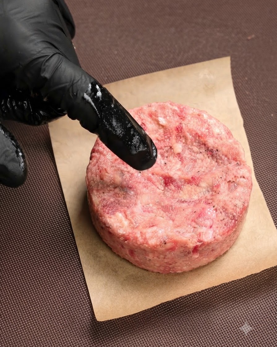 Un dito guantato che preme una piccola fossetta al centro di un hamburger di carne cruda adagiato su carta da forno.