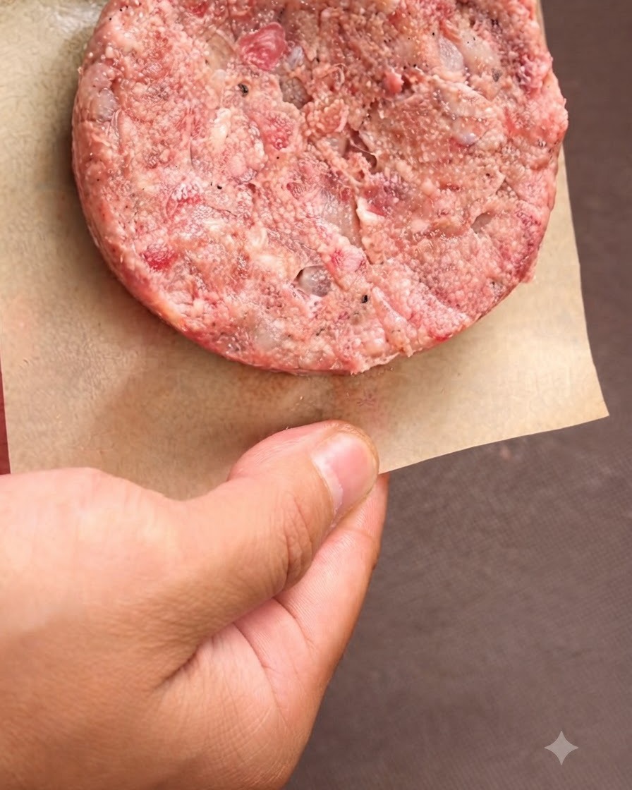 Diversi hamburger crudi modellati e stratificati con carta da forno allinterno di un vassoio di conservazione.