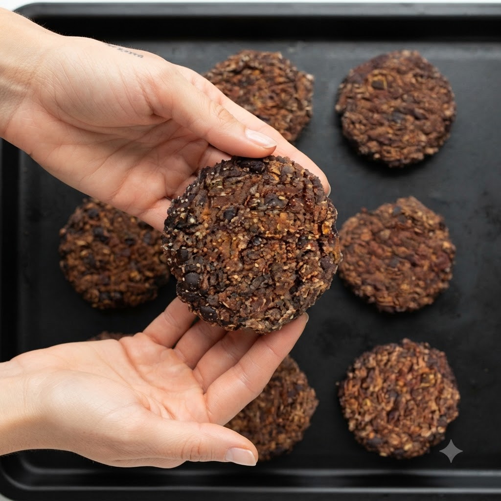 Burger cotti maneggiati sopra una teglia piena di altri burger.