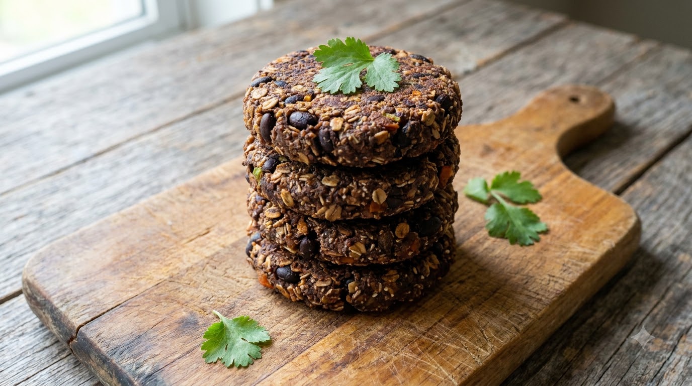 Una torre alta di burger fatti in casa di fagioli neri e avena con verdure su un tagliere di legno
