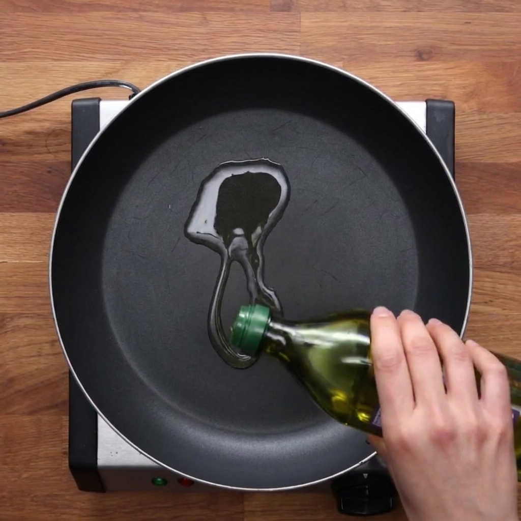 Olio doliva versato in una padella calda su un fornello.