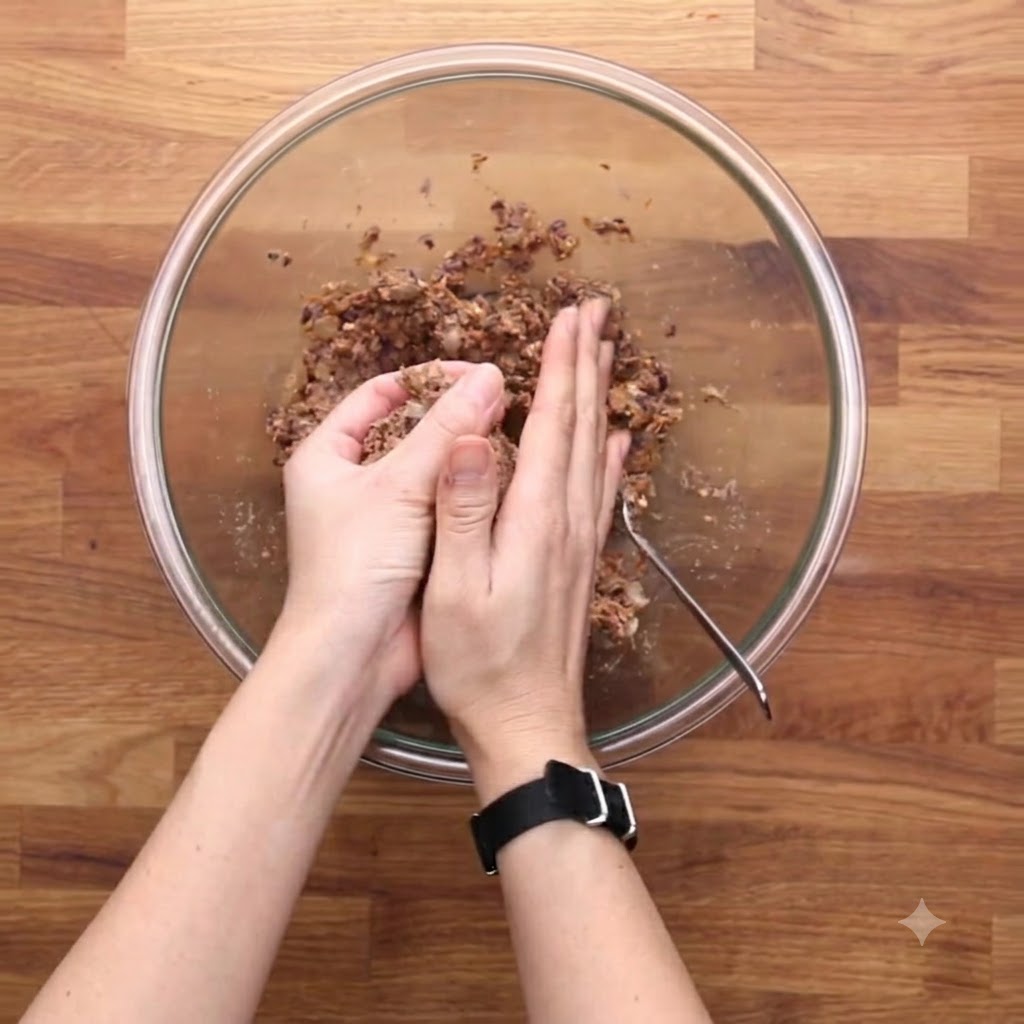 Mani che modellano una polpetta di hamburger di fagioli neri allinterno di una ciotola di vetro.