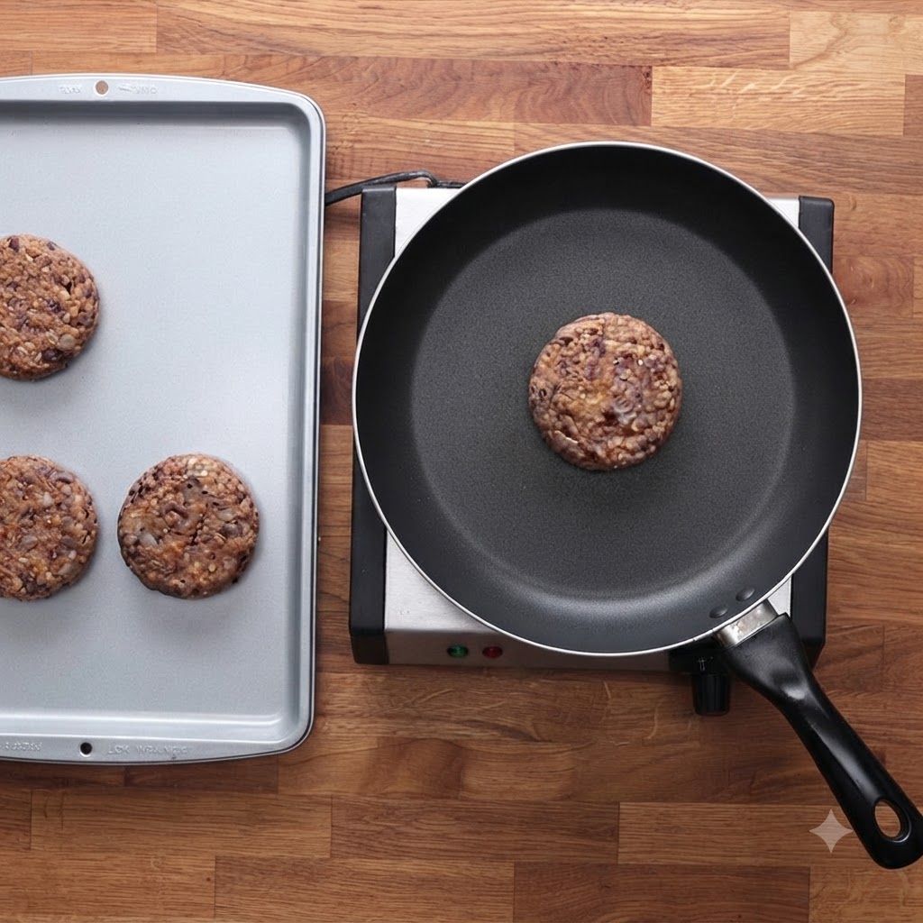 Polpette di fagioli neri adagiate su una teglia da forno accanto a una padella con una polpetta in cottura.
