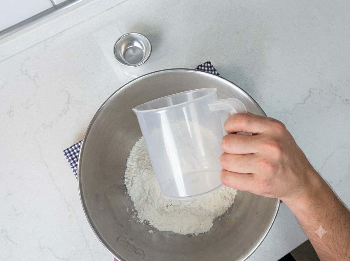 Lievito in polvere misurato e aggiunto sopra il composto di farina allinterno della ciotola.