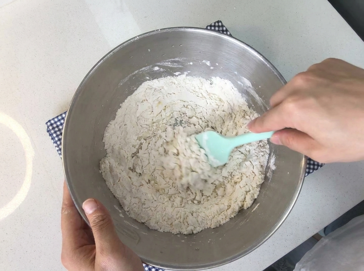 Mani che impastano e mescolano vigorosamente gli ingredienti dellimpasto allinterno di una ciotola in acciaio inossidabile.