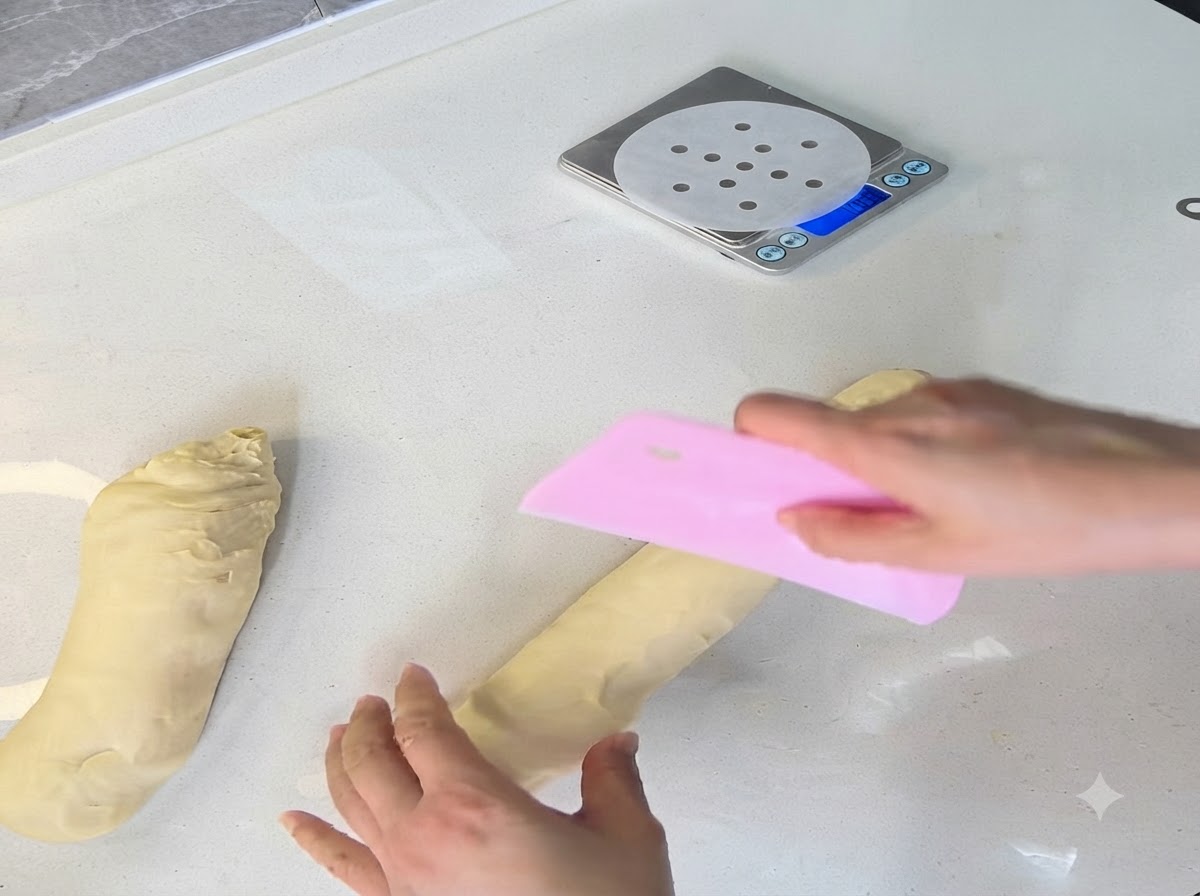 Un tarocco rosa che taglia un lungo rotolo di impasto in porzioni uguali su un piano di lavoro pulito.