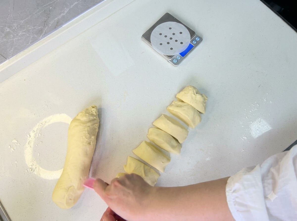 Porzioni di impasto divise e arrotolate a mano in piccole palline rotonde sul piano di lavoro.