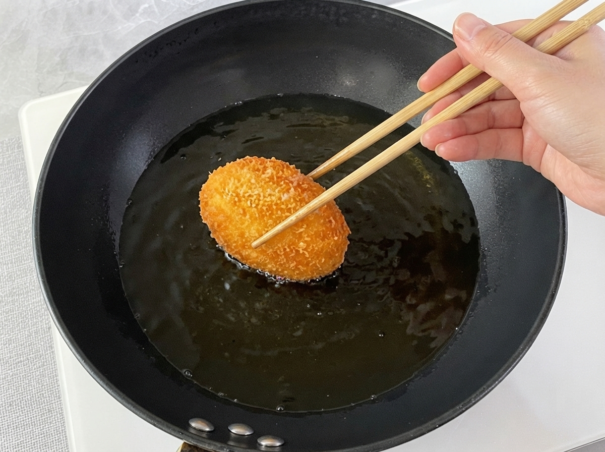 Una pallina di impasto sollevata con le bacchette dopo essere stata passata nel pangrattato e fritta in olio caldo.