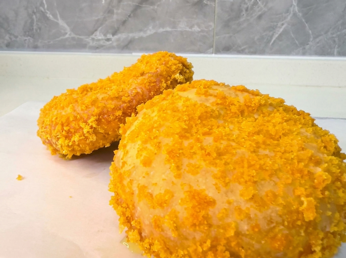 Palline di impasto impanate che riposano e vengono schiacciate delicatamente su un vassoio.