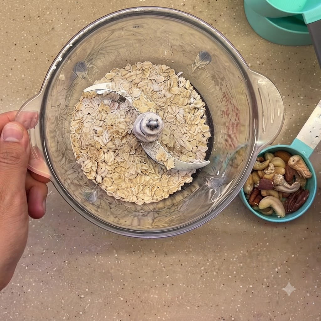Avena in fiocchi secca allinterno di un contenitore di vetro per frullatore accanto a un misurino di frutta secca.