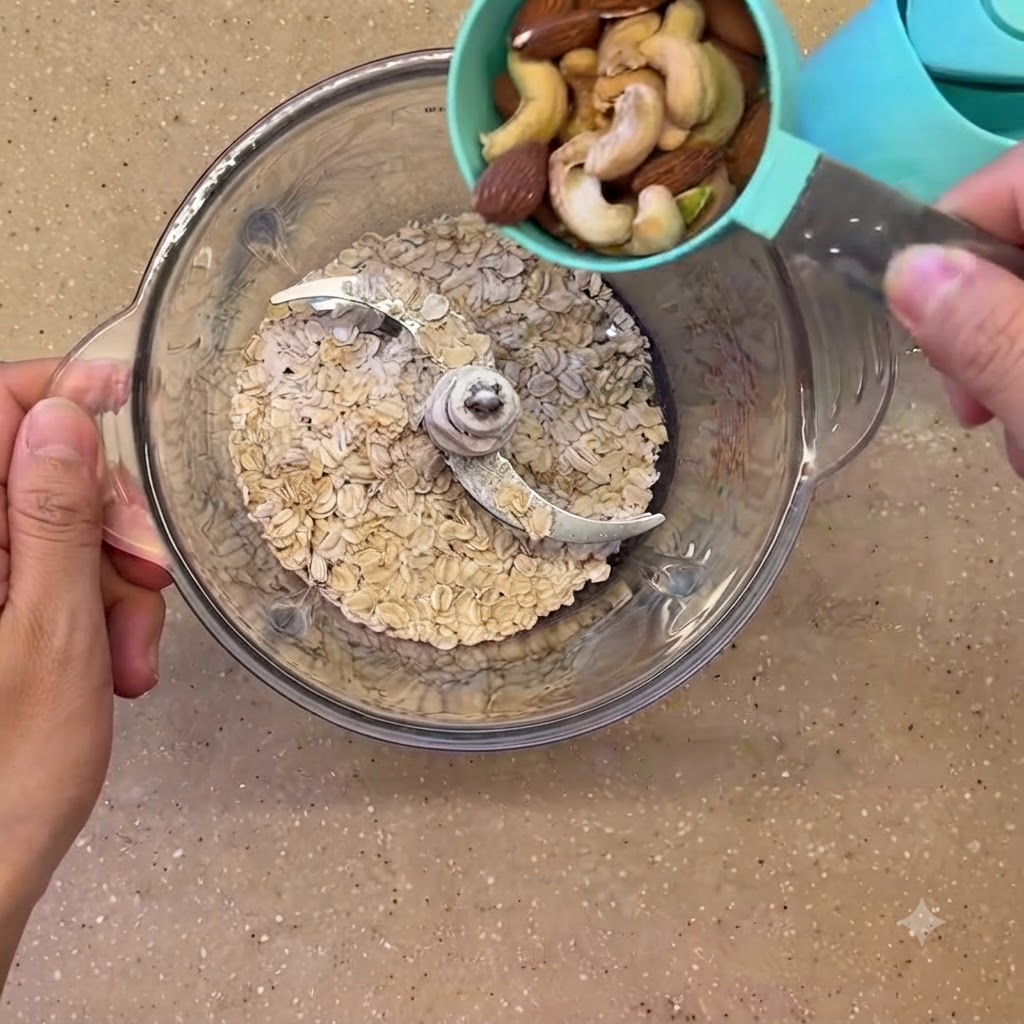 Frutta secca mista versata in un frullatore pieno di avena in fiocchi.