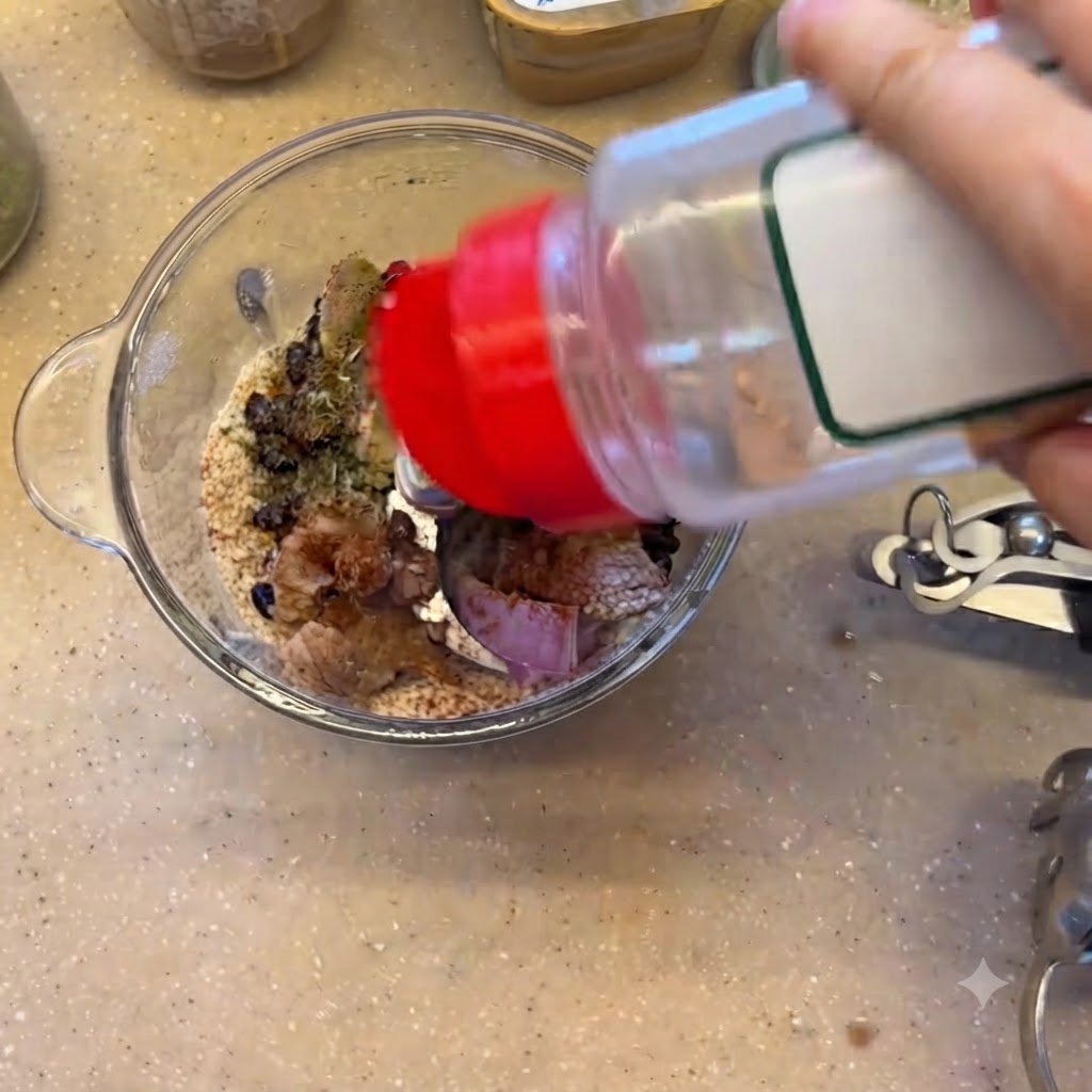 Aglio in polvere fatto cadere da un flacone nella ciotola del frullatore contenente il resto degli ingredienti.