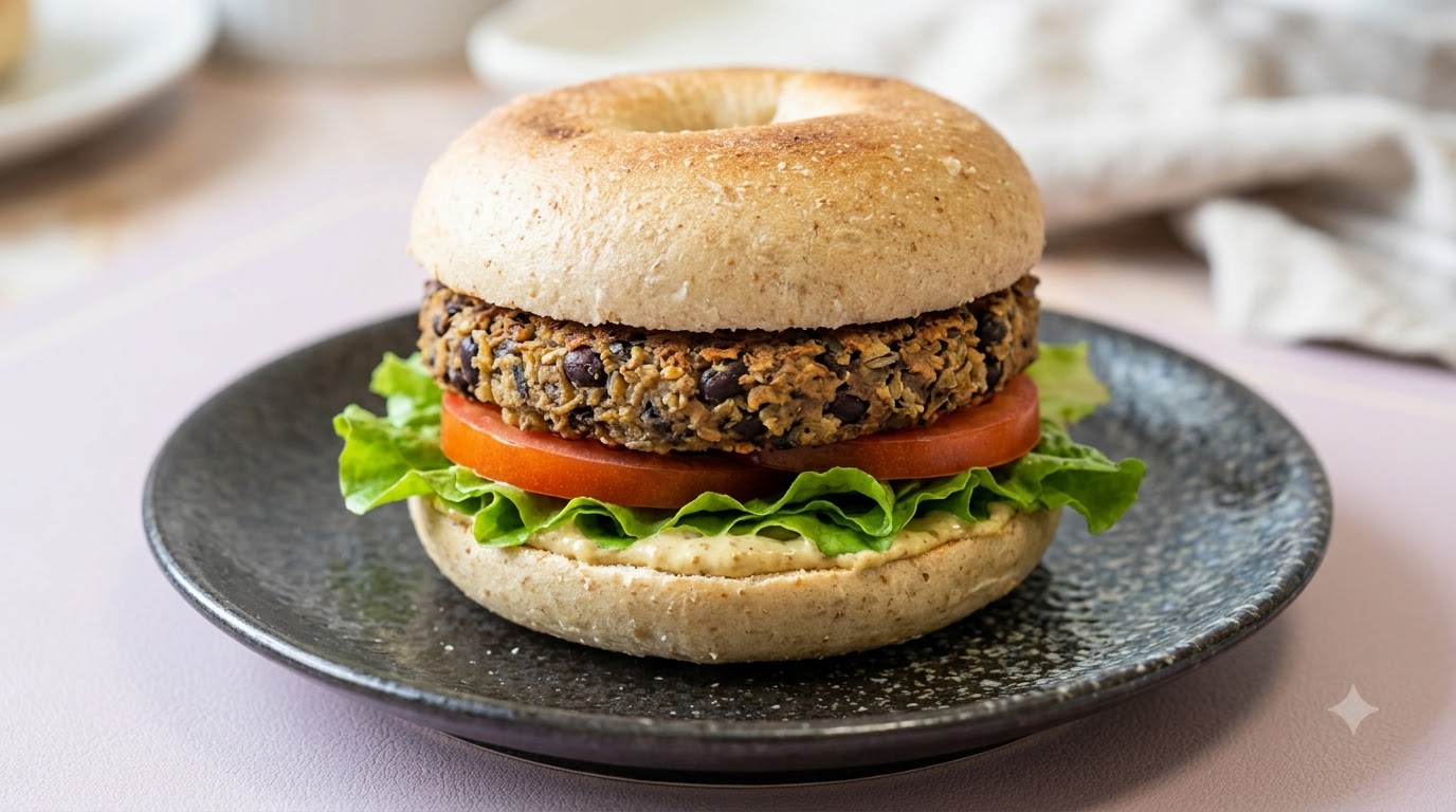 Un hamburger vegano di fagioli neri completamente assemblato su un piatto scuro, con un panino bagel integrale, un medaglione di fagioli neri cotti, una fetta di pomodoro e lattuga fresca.