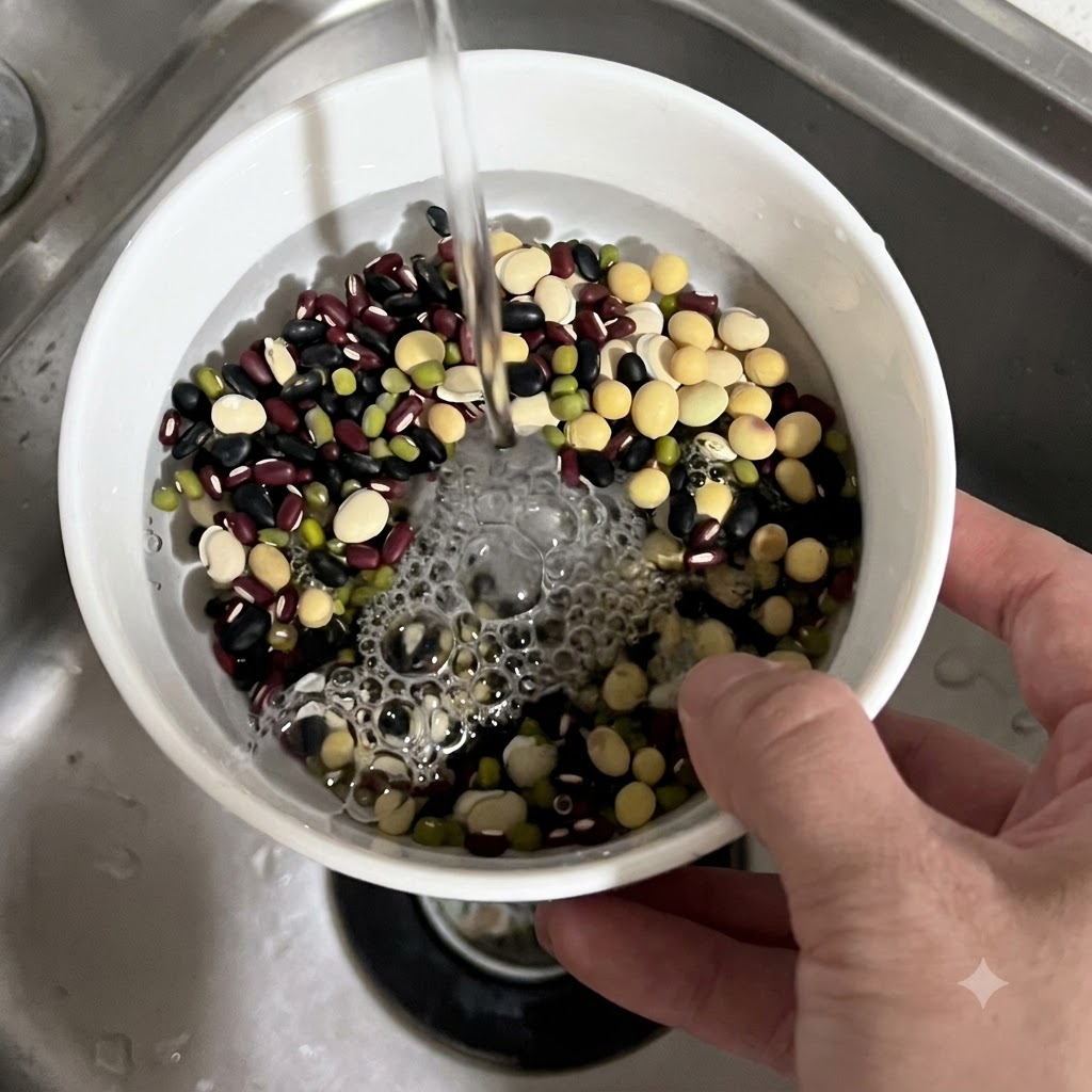 Acqua che scorre da un rubinetto in una ciotola bianca riempita con un miscuglio di fagioli multicolore.