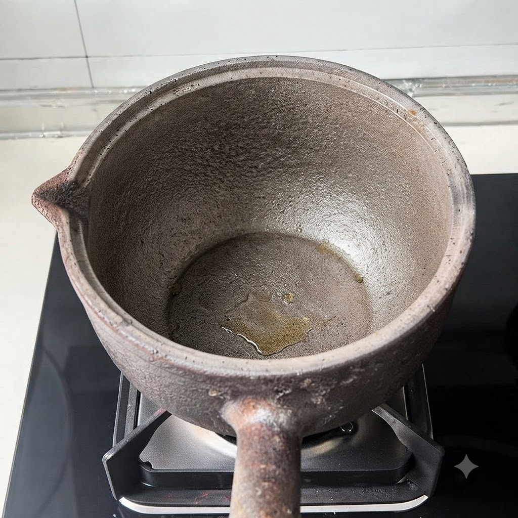 Una pentola di terracotta tradizionale vuota posta su un fornello con una piccola quantità di liquido sul fondo.