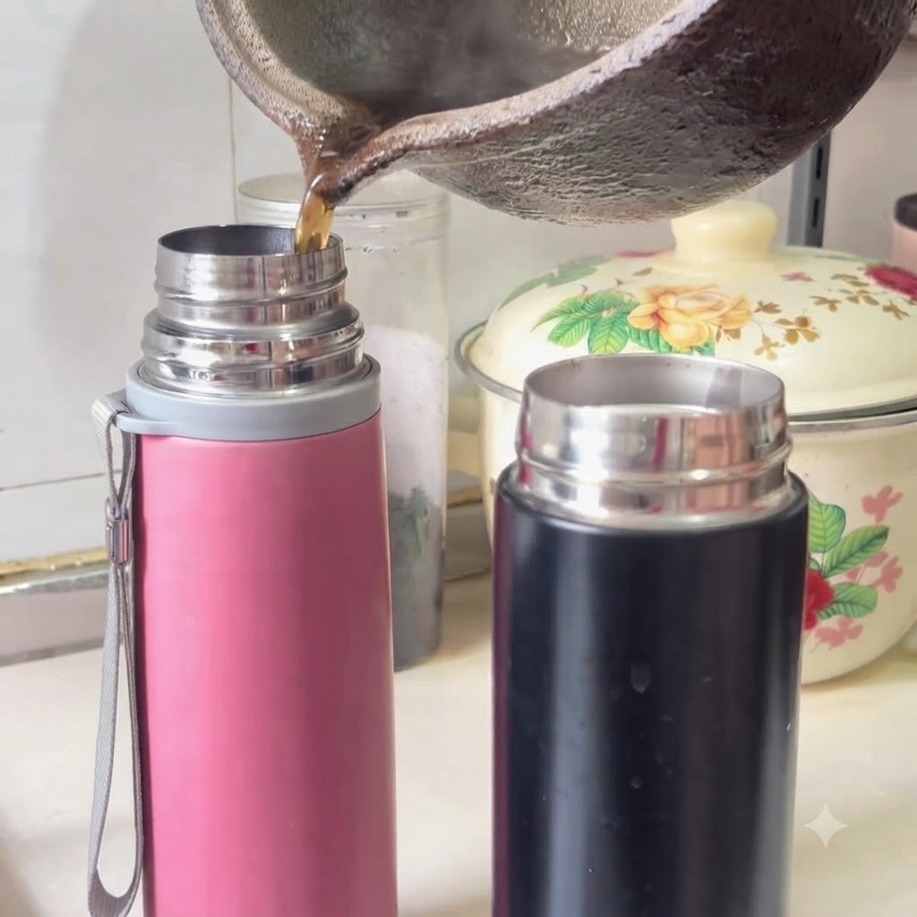 La zuppa di erbe scura viene versata dalla pentola in thermos rosa e neri sul bancone della cucina.