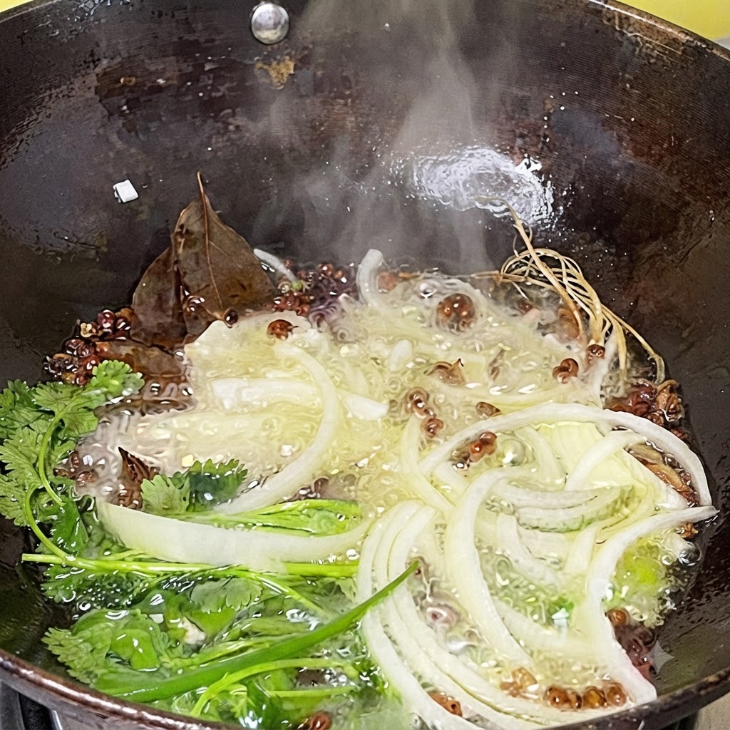 Cipolle affettate e spezie intere che sfrigolano e rilasciano vapore in olio caldo dentro un wok profondo.