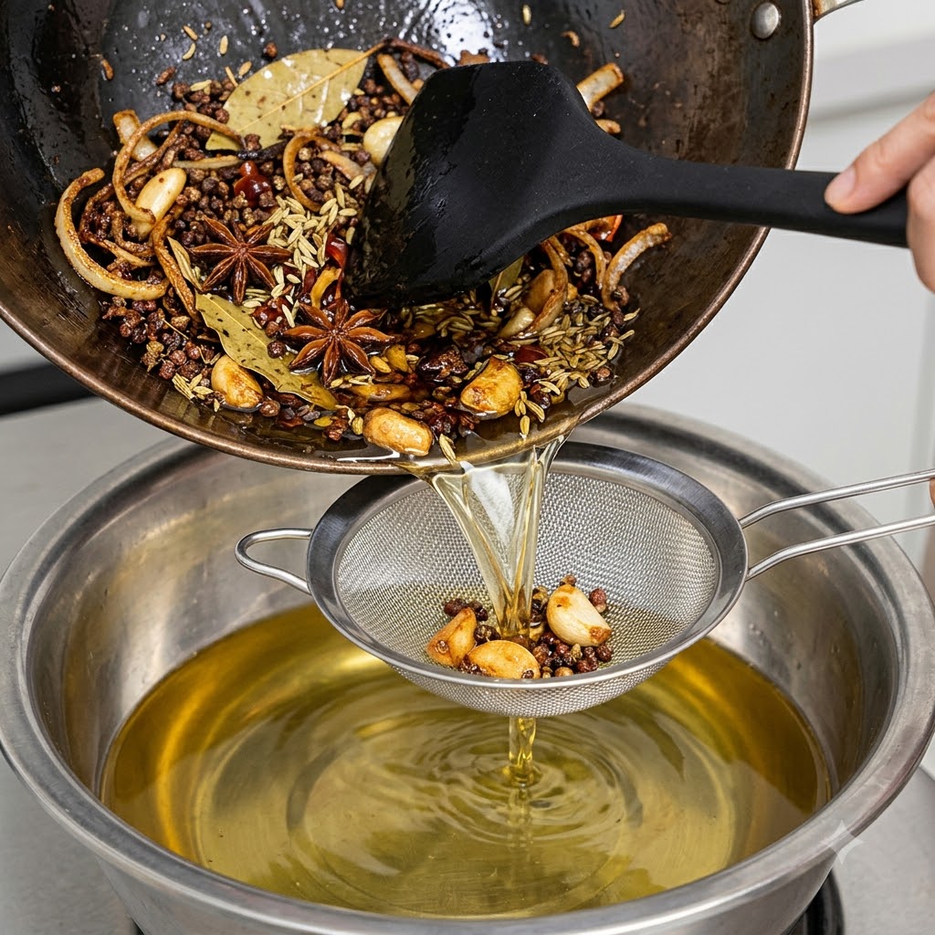 Olio speziato versato da un wok attraverso un colino a maglia metallica in una grande ciotola di metallo.